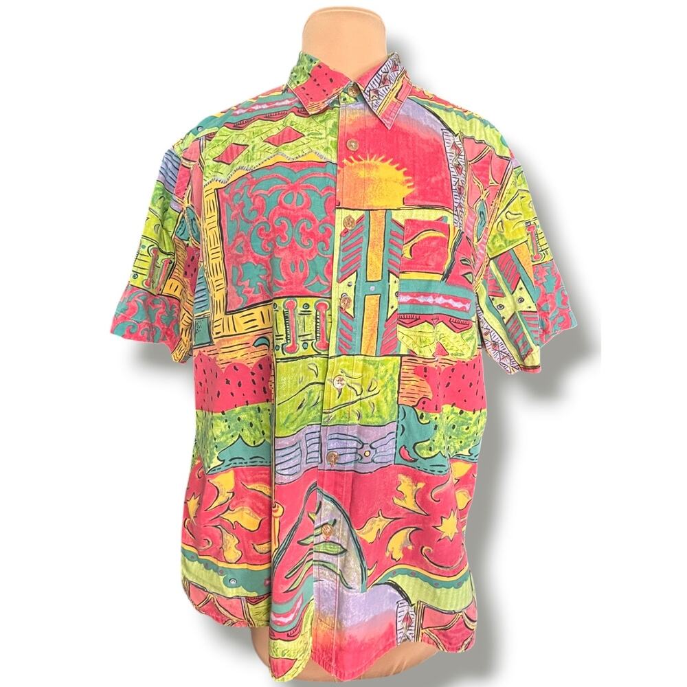 Vintage The Territory Ahead Abstract Tropical Patchwork Print Shirt Resort Top - Picture 2 of 9